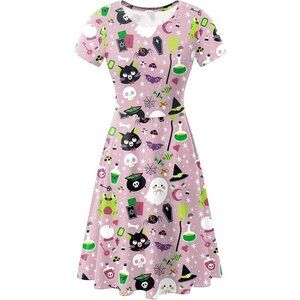 Women's Halloween Dress for Women Short Sleeves Printed Vintage Style Purple